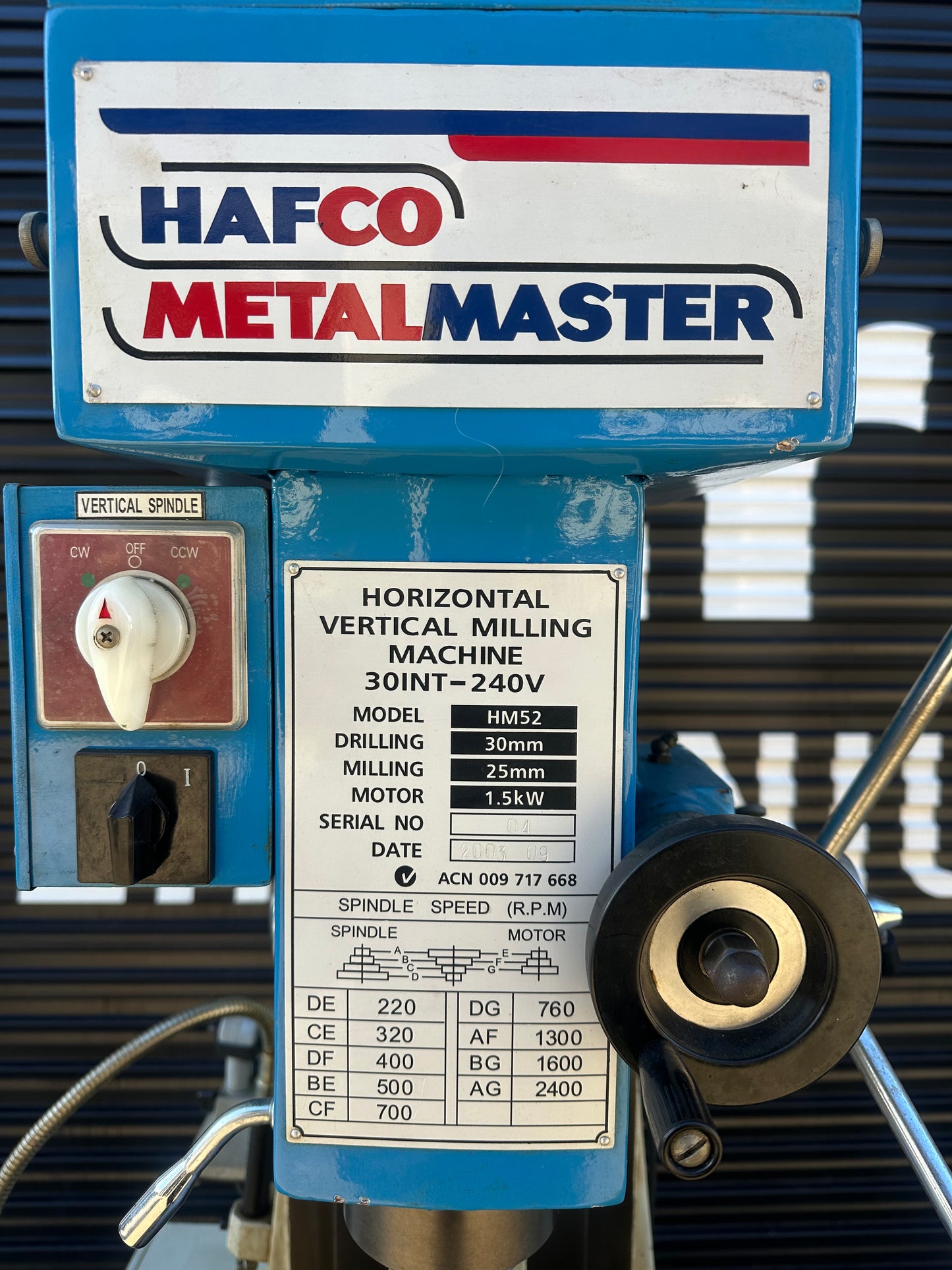 Used HAFCO HM52 240v Milling Machine